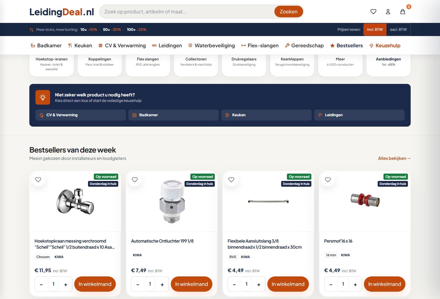 Productoverzicht met bestsellers op de website van Leidingdeal